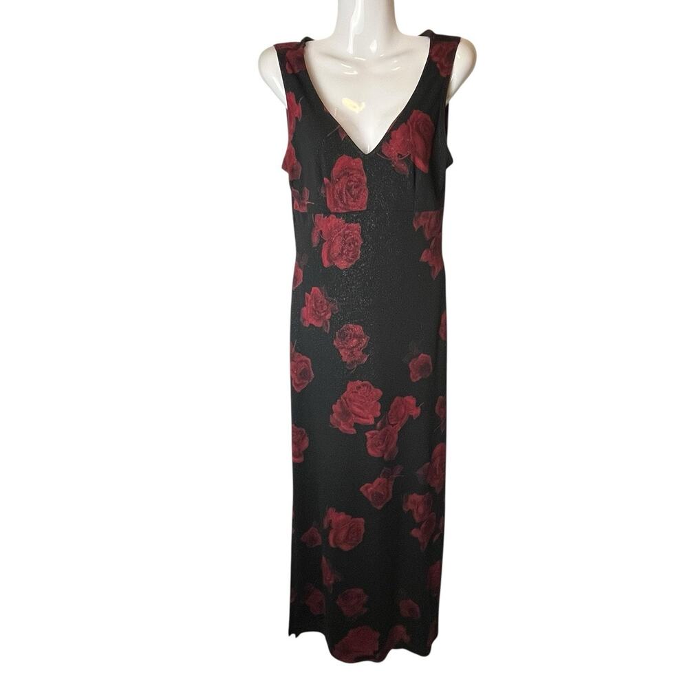Rare‎ VTG 90s S La Belle Black Red Roses Glitter Dress Vampy Romantic Goth Maxi